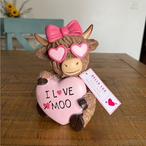 Bella Lux “I Love Moo” Valentine’s Day Resin Highland Cow with Sunglasses & Bow